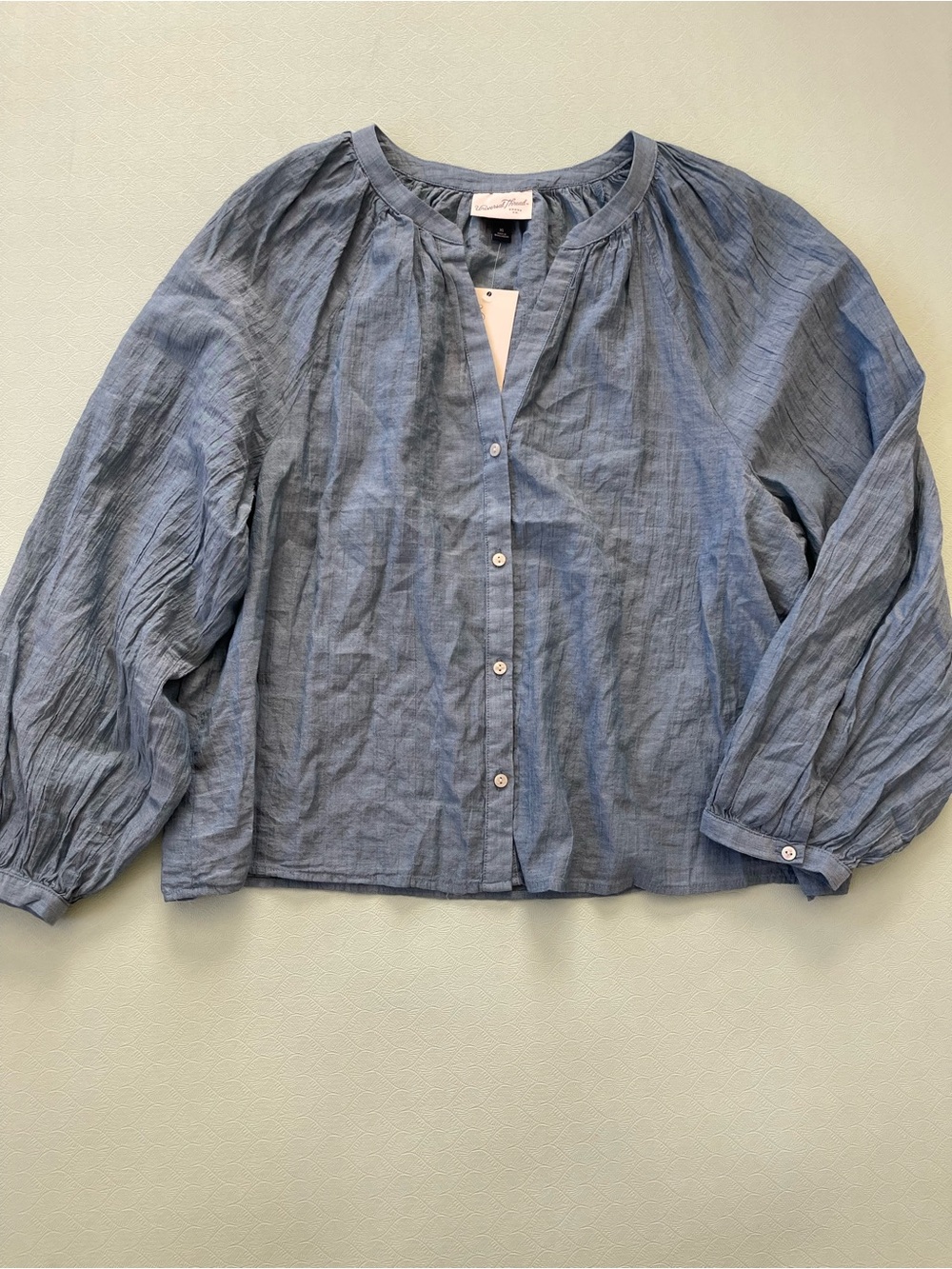 Peasant Style Blue Button-Front Long Sleeved Blouse Sz XL